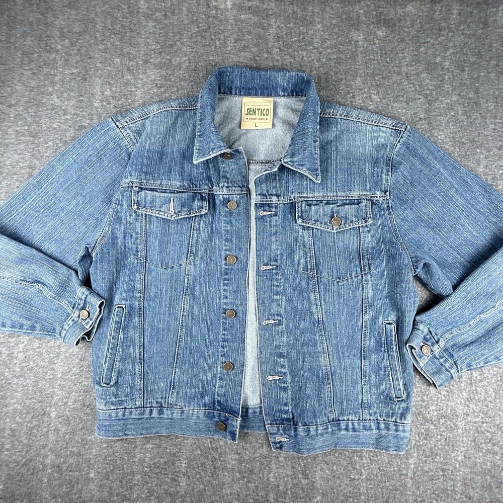 SENTICO Vtg Western Pinstripe Denim Jacket Mens Sz L Blue Type 3 Trucker Jacket